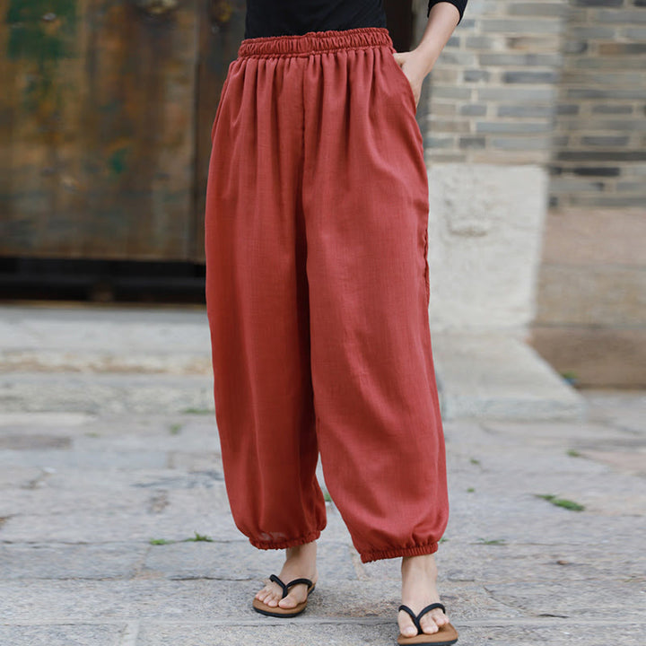 Pantalon décontracté d'été en coton pour femme avec poches Buddha Stones