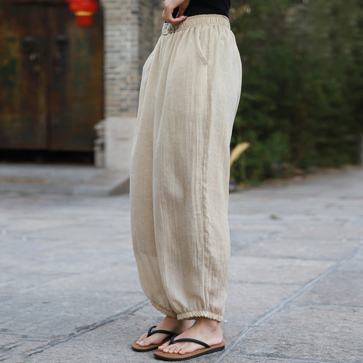 Pantalon décontracté d'été en coton pour femme avec poches Buddha Stones