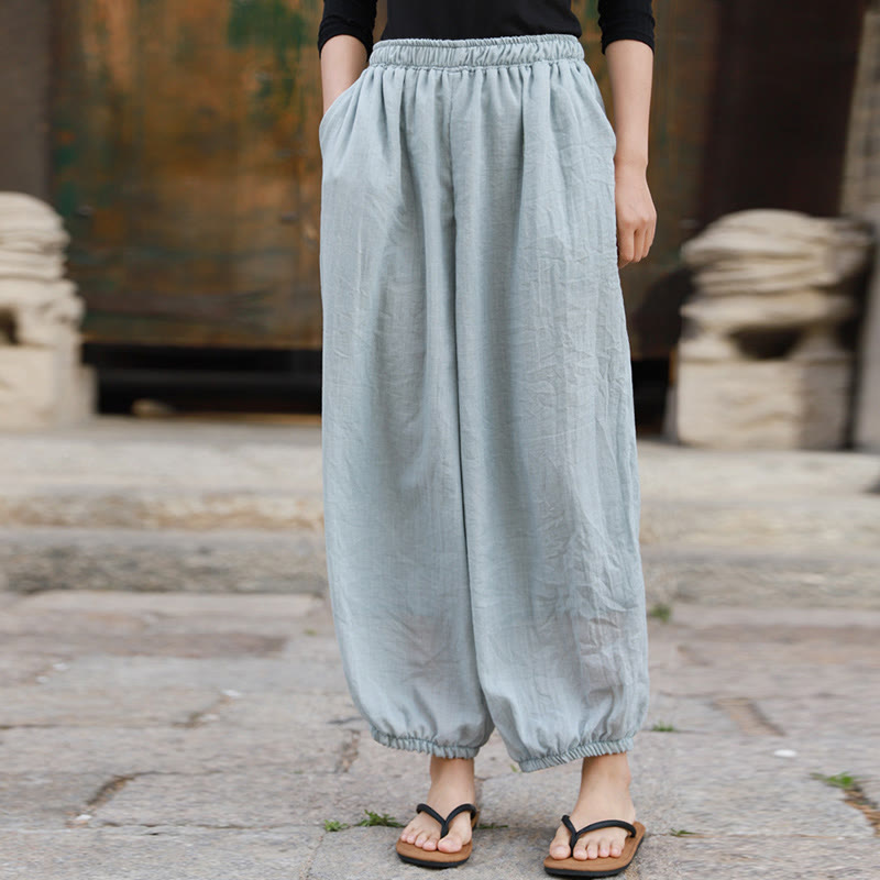 Pantalon décontracté d'été en coton pour femme avec poches Buddha Stones