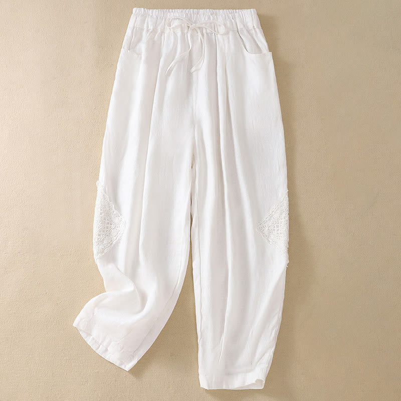 Pantalon sarouel d'été en coton avec cordon de serrage et poches pour femme Buddha Stones - Blanc - US8-10，UK/AU12-14，EU40-42 (2XL) - image 5