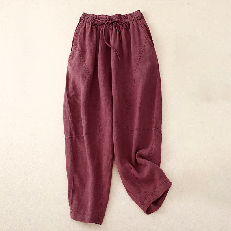 Pantalon sarouel d'été en lin avec cordon de serrage et taille élastique pour femme avec poches Buddha Stones - Rouge violet pâle - US8-10，UK/AU12-14，EU40-42 (2XL) - image 0