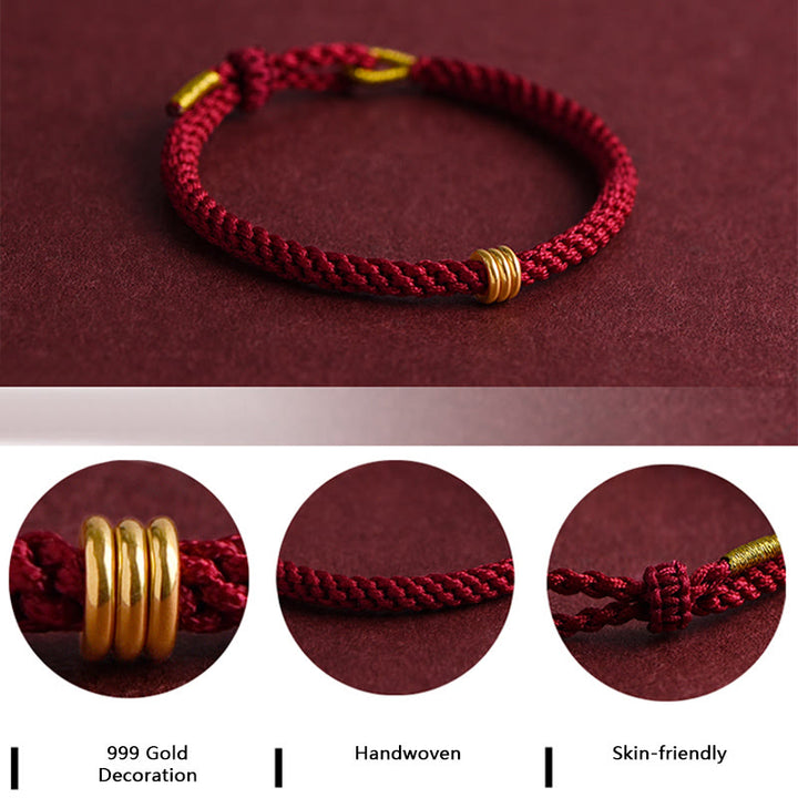 Bracelet en corde tressée fait main avec triple anneau en or 999 de Buddha Stones