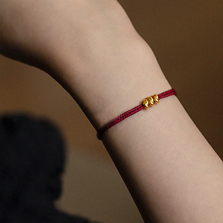 Bracelet en corde tressée fait main avec motif de nœud de souhait en or 999 de Buddha Stones - Trois perles (or, environ 0,3 g) - 21 cm - image 2