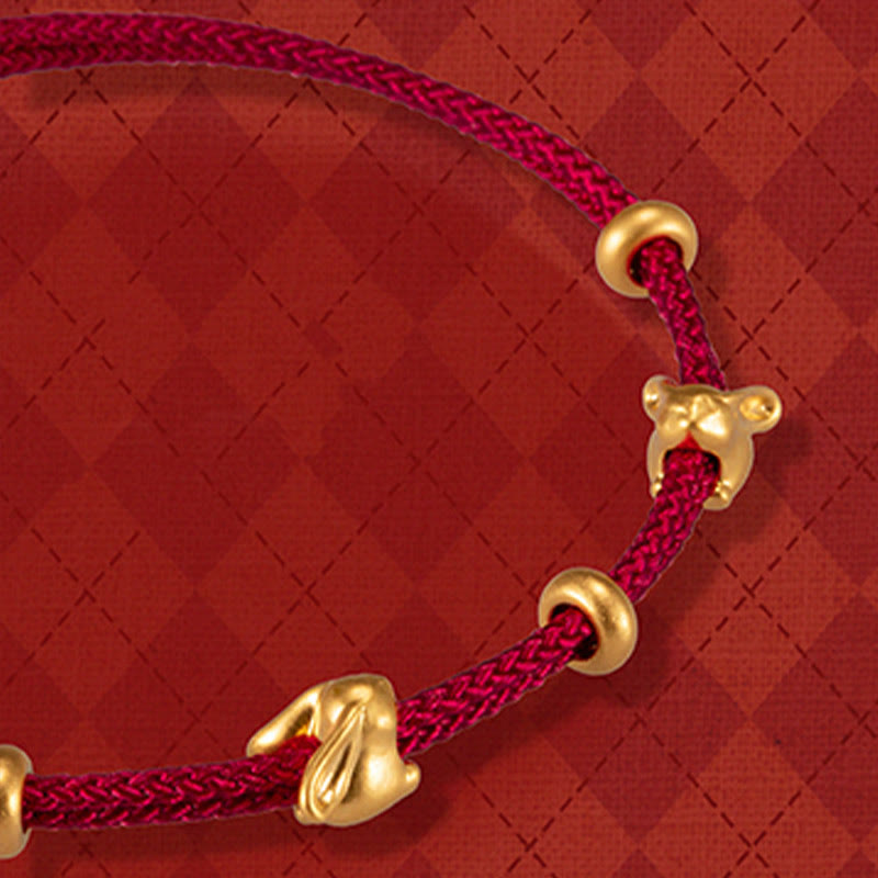 Bracelet en corde tressée fait main avec petit lapin porte-bonheur en or 999 de Buddha Stones - Lapin porte-bonheur double et trois perles d'or (or environ 0,58 g) - 21 cm - image 8