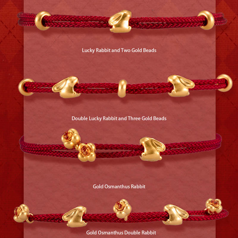 Bracelet en corde tressée fait main avec petit lapin porte-bonheur en or 999 de Buddha Stones