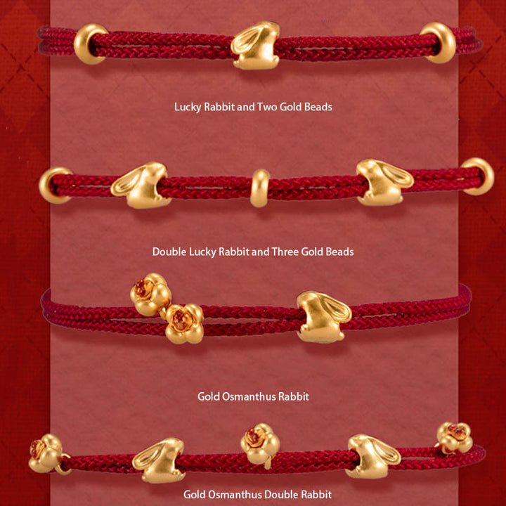 Bracelet en corde tressée fait main avec petit lapin porte-bonheur en or 999 de Buddha Stones