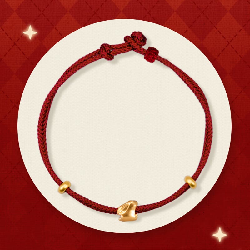 Bracelet en corde tressée fait main avec petit lapin porte-bonheur en or 999 de Buddha Stones - Lapin porte-bonheur et deux perles d'or (environ 0,31 g d'or) - 21 cm - image 0
