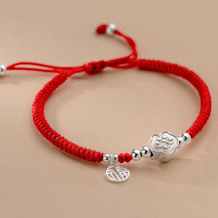 Bracelet en corde tressée fait main en argent sterling 925 avec Buddha Stones Fu et nuages de bon augure