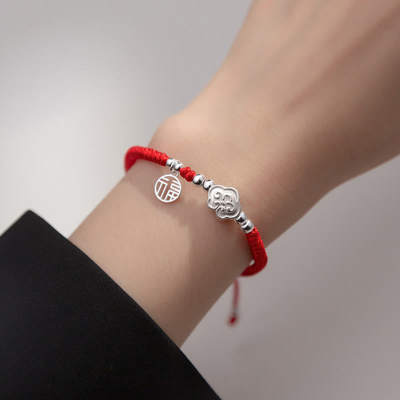 Bracelet en corde tressée fait main en argent sterling 925 avec Buddha Stones Fu et nuages de bon augure