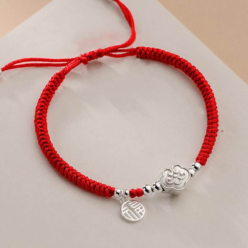 Bracelet en corde tressée fait main en argent sterling 925 avec Buddha Stones Fu et nuages de bon augure
