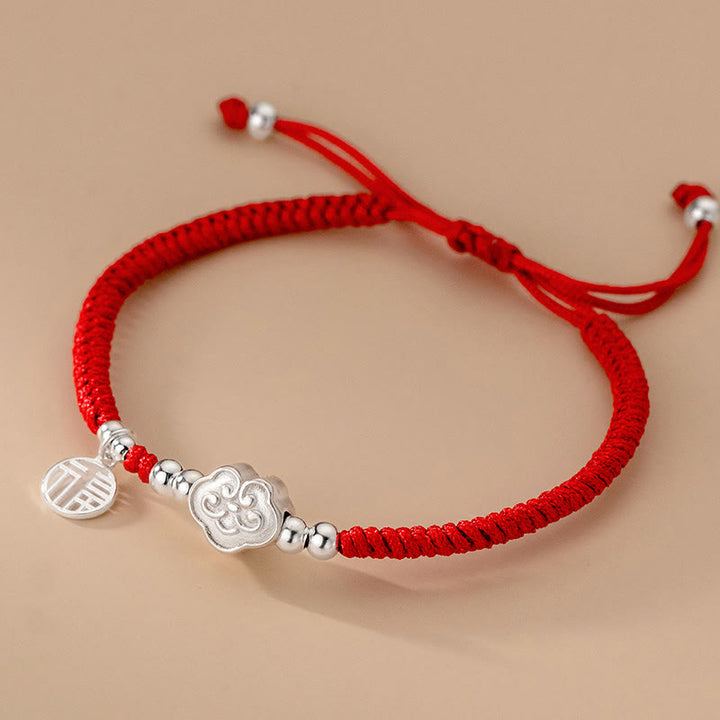 Bracelet en corde tressée fait main en argent sterling 925 avec Buddha Stones Fu et nuages ​​de bon augure - Cordon rouge Fu Character (Tour de poignet 14-22 cm) - image 0