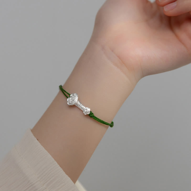 Bracelet en corde verte Buddha Stones faite à la main en argent sterling 999 avec personnage Fu et poignée Ruyi