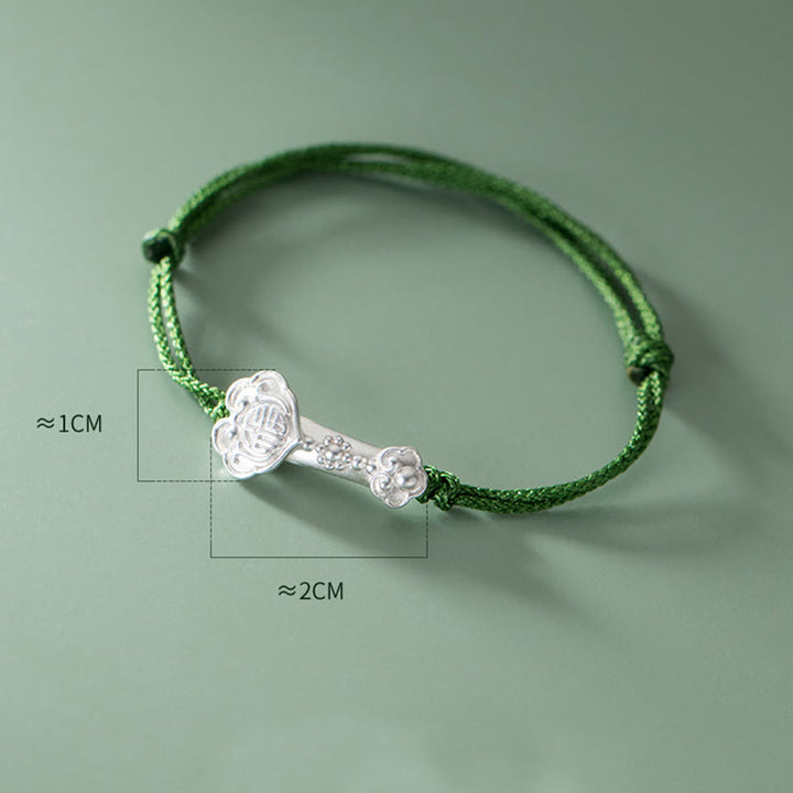 Bracelet en corde verte Buddha Stones faite à la main en argent sterling 999 avec personnage Fu et poignée Ruyi