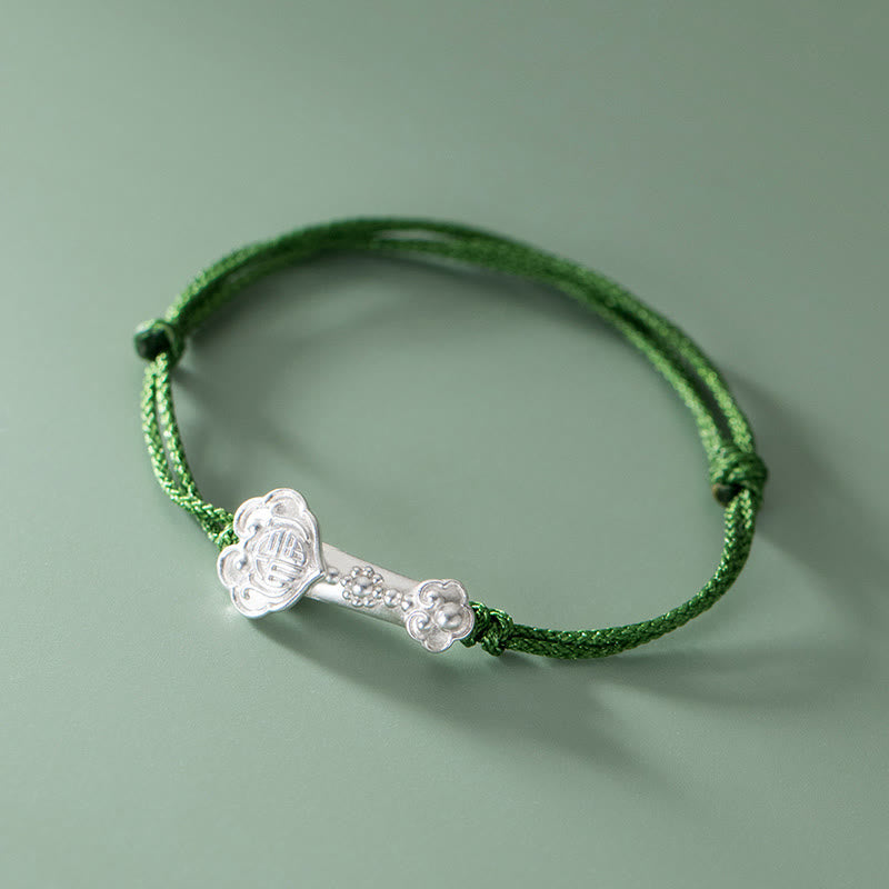 Bracelet en corde verte Buddha Stones faite à la main en argent sterling 999 avec personnage Fu et poignée Ruyi