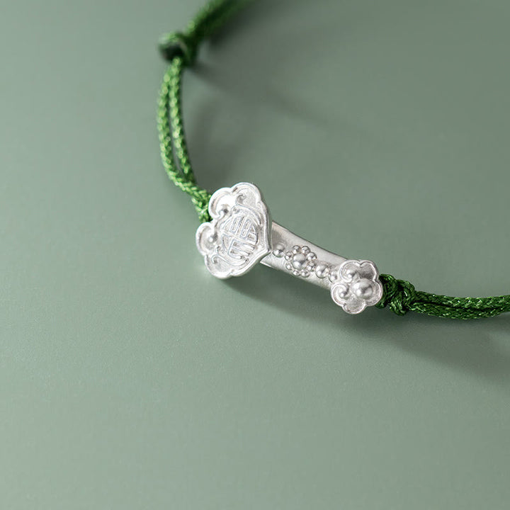 Bracelet en corde verte Buddha Stones faite à la main en argent sterling 999 avec personnage Fu et poignée Ruyi