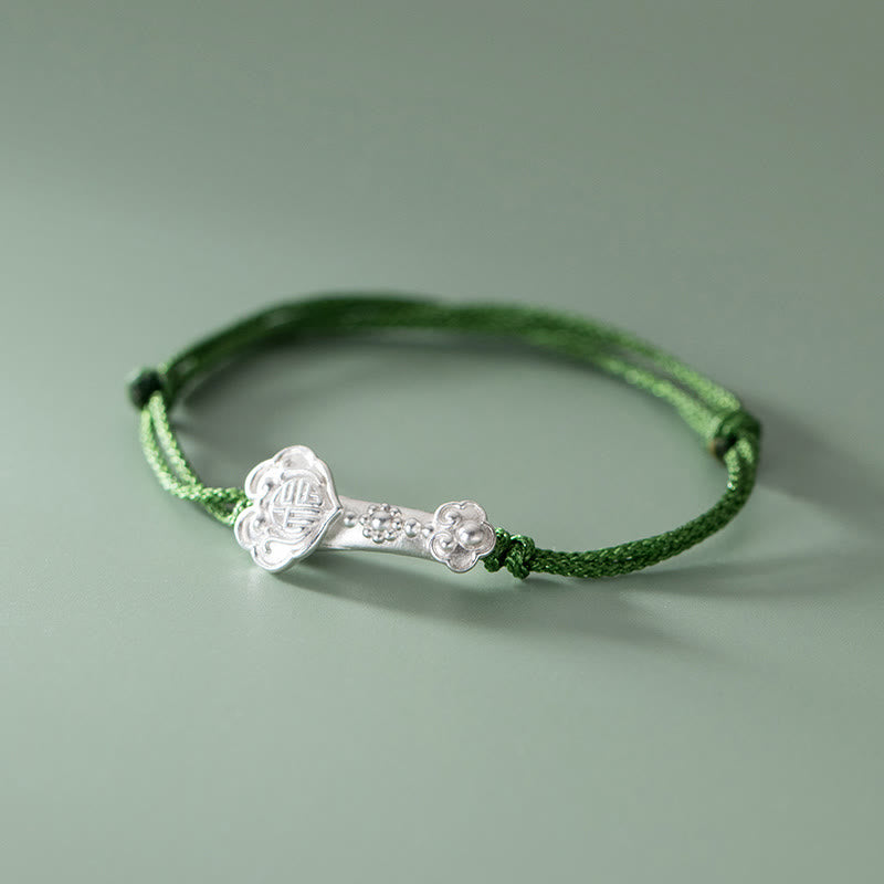 Bracelet en corde verte Buddha Stones faite à la main en argent sterling 999 avec personnage Fu et poignée Ruyi - Personnage Fu (Tour de poignet 14-18 cm) - image 0