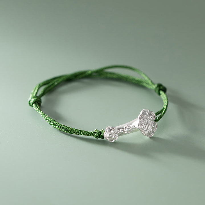 Bracelet en corde verte Buddha Stones faite à la main en argent sterling 999 avec personnage Fu et poignée Ruyi