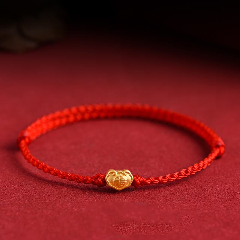 Bracelet en corde fait main avec breloque en forme de serrure chinoise en or 999 avec Buddha Stones et caractère Fu - Rouge - Version bébé adaptée aux enfants de 0 à 4 ans (tour de poignet 12-18 cm) - image 0
