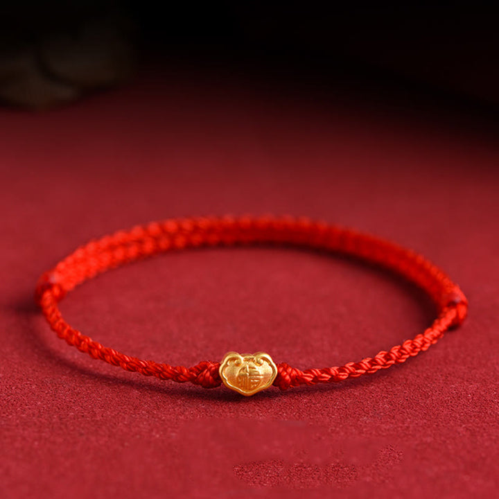 Bracelet en corde fait main avec breloque en forme de serrure chinoise en or 999 avec Buddha Stones et caractère Fu - Rouge - Version bébé adaptée aux enfants de 0 à 4 ans (tour de poignet 12-18 cm) - image 0