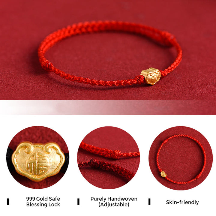 Bracelet en corde fait main avec breloque en forme de serrure chinoise en or 999 avec Buddha Stones et caractère Fu - image 5