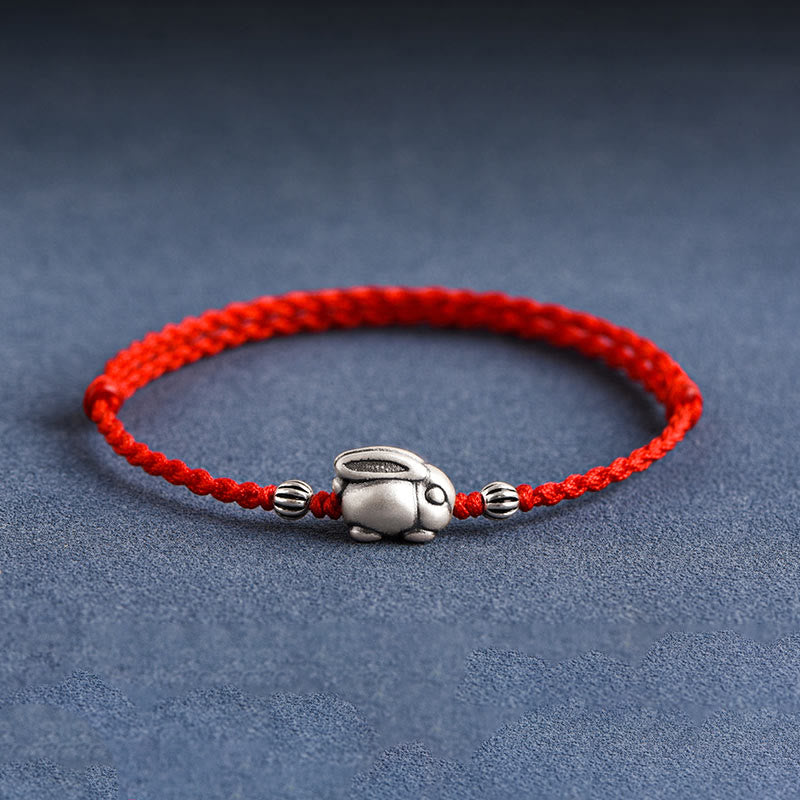 Bracelet de cheville porte-bonheur en argent sterling 999 fait à la main avec Buddha Stones - Grand bracelet de cheville en forme de lapin (circonférence 18-30 cm) - Rouge - image 0