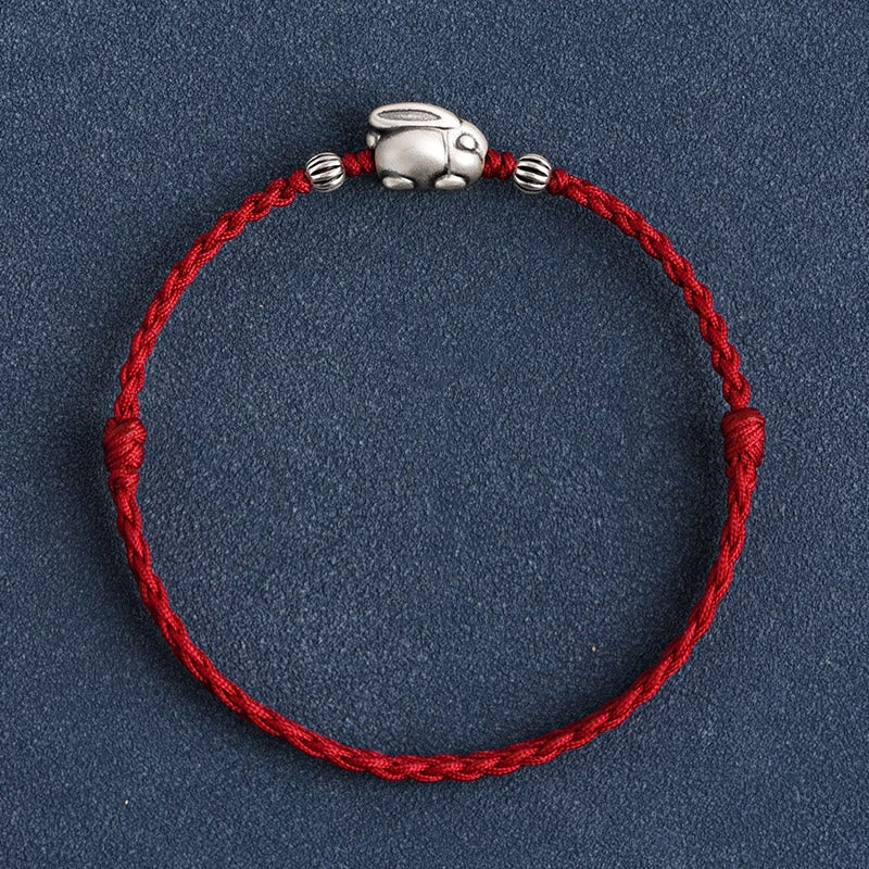 Bracelet de cheville porte-bonheur en argent sterling 999 fait à la main avec Buddha Stones - Grand bracelet de cheville en forme de lapin (circonférence 18-30 cm) - Rouge foncé - image 15