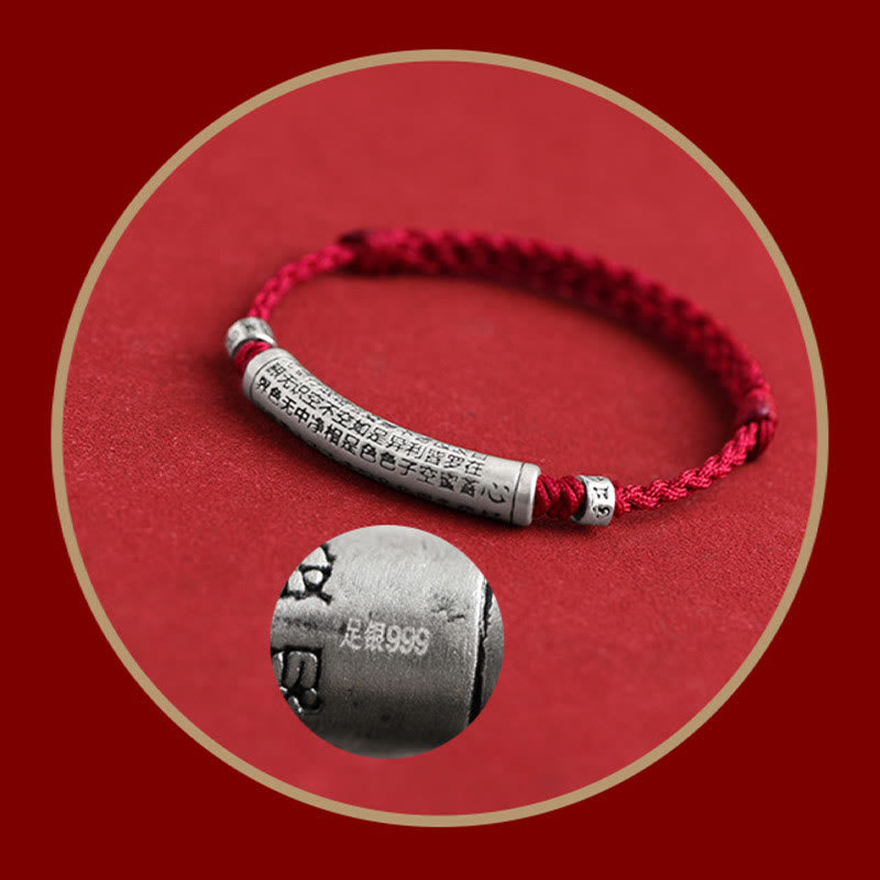Bracelet de cheville en corde porte-bonheur sculpté en argent sterling 999 fait à la main avec Buddha Stones Om Mani Padme Hum Heart Sutra