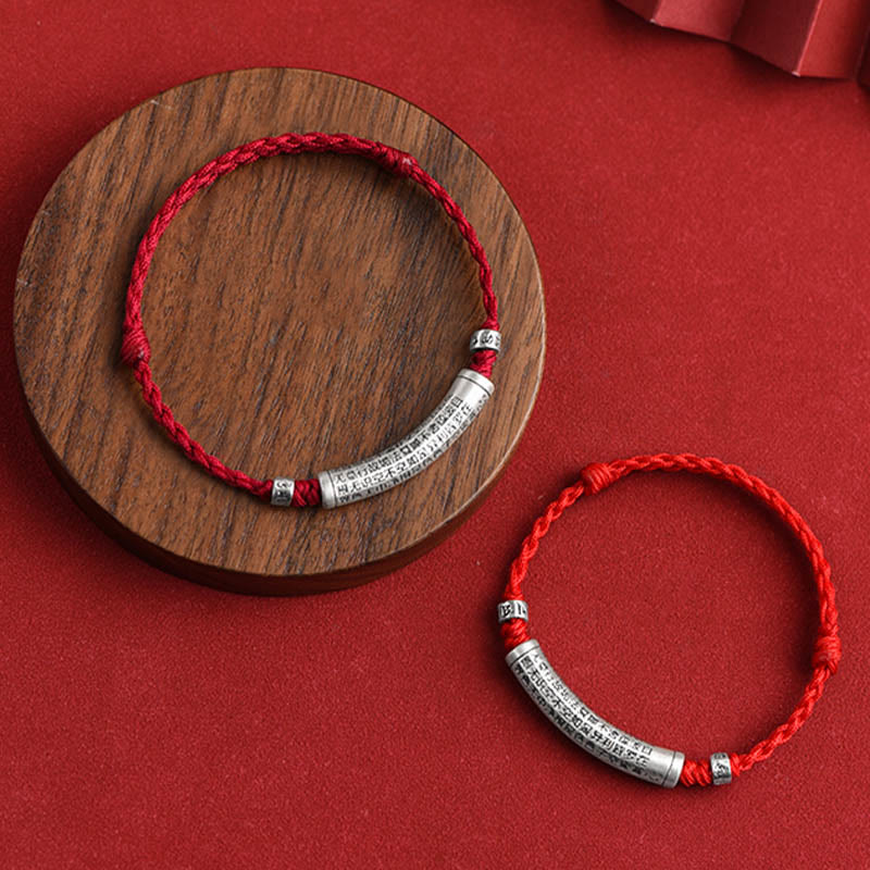 Bracelet de cheville en corde porte-bonheur sculpté en argent sterling 999 fait à la main avec Buddha Stones Om Mani Padme Hum Heart Sutra