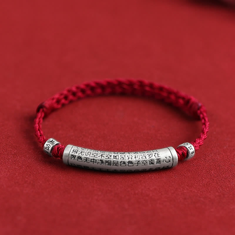 Bracelet de cheville en corde porte-bonheur sculpté en argent sterling 999 fait à la main avec Buddha Stones Om Mani Padme Hum Heart Sutra - Bracelet de cheville (circonférence 18-30 cm) - Rouge foncé - image 0