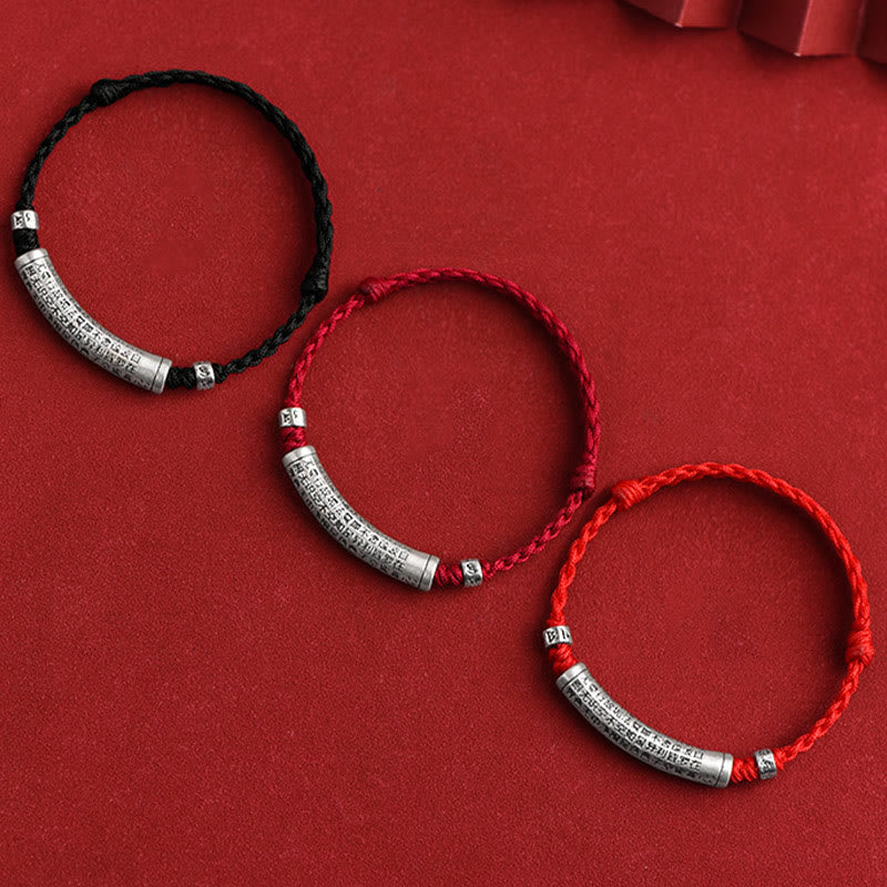 Bracelet de cheville en corde porte-bonheur sculpté en argent sterling 999 fait à la main avec Buddha Stones Om Mani Padme Hum Heart Sutra