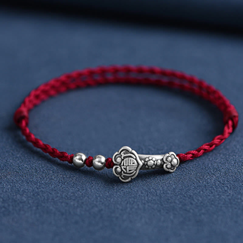 Bracelet de cheville en corde de fortune avec poignée en argent sterling 999 fait à la main avec des Buddha Stones Fu - Bracelet de cheville (circonférence 18-30 cm) - Rouge foncé - image 0