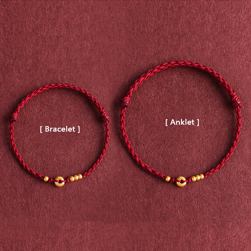 Bracelet de cheville en corde tressée faite à la main avec petite boucle de paix en or 999 avec Buddha Stones