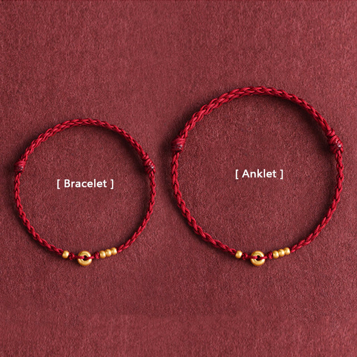 Bracelet de cheville en corde tressée faite à la main avec petite boucle de paix en or 999 avec Buddha Stones