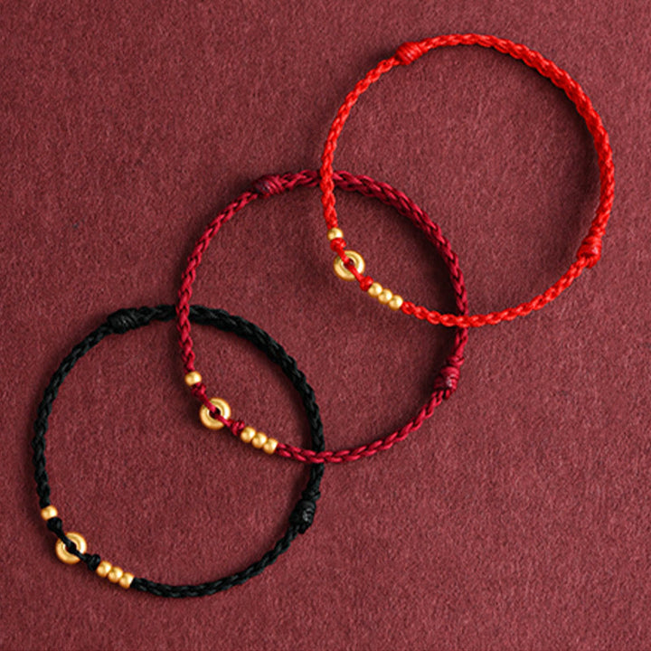 Bracelet de cheville en corde tressée faite à la main avec petite boucle de paix en or 999 avec Buddha Stones
