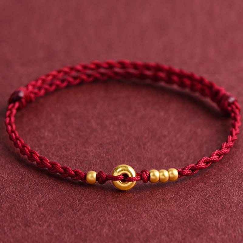 Bracelet de cheville en corde tressée faite à la main avec petite boucle de paix en or 999 avec Buddha Stones