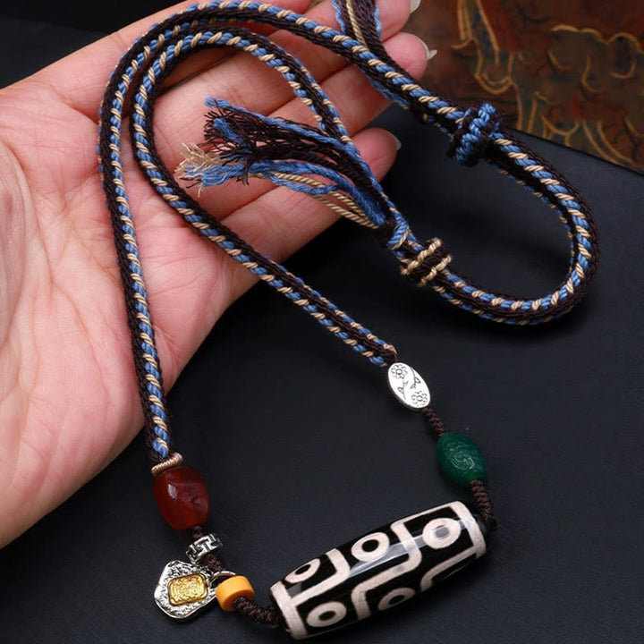 Collier pendentif en corde tressée avec Buddha Stones - Perle Dzi à neuf yeux (Richesse♥Puissance) - image 0