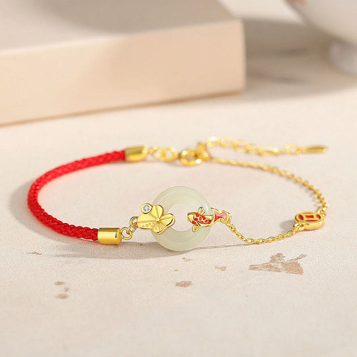 Bracelet en corde Buddha Stones fait main en argent sterling 925 avec boucle de paix en jade Hetian chinois et poisson rouge
