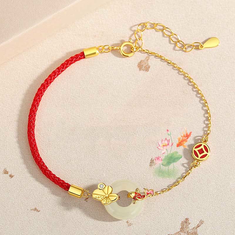 Bracelet en corde Buddha Stones fait main en argent sterling 925 avec boucle de paix en jade Hetian chinois et poisson rouge