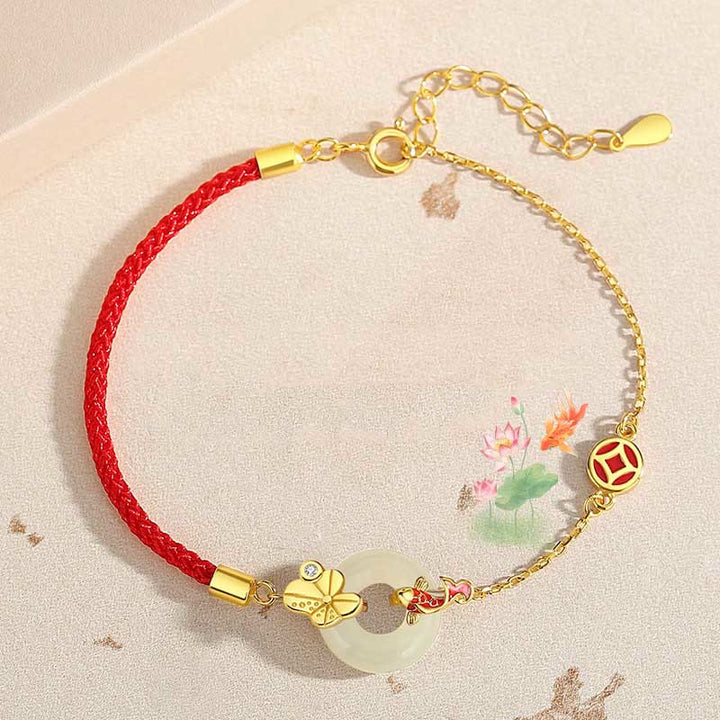 Bracelet en corde Buddha Stones fait main en argent sterling 925 avec boucle de paix en jade Hetian chinois et poisson rouge