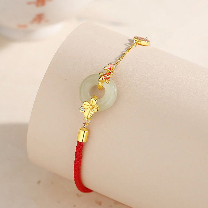 Bracelet en corde Buddha Stones fait main en argent sterling 925 avec boucle de paix en jade Hetian chinois et poisson rouge