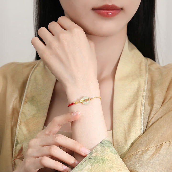 Bracelet en corde Buddha Stones fait main en argent sterling 925 avec boucle de paix en jade Hetian chinois et poisson rouge