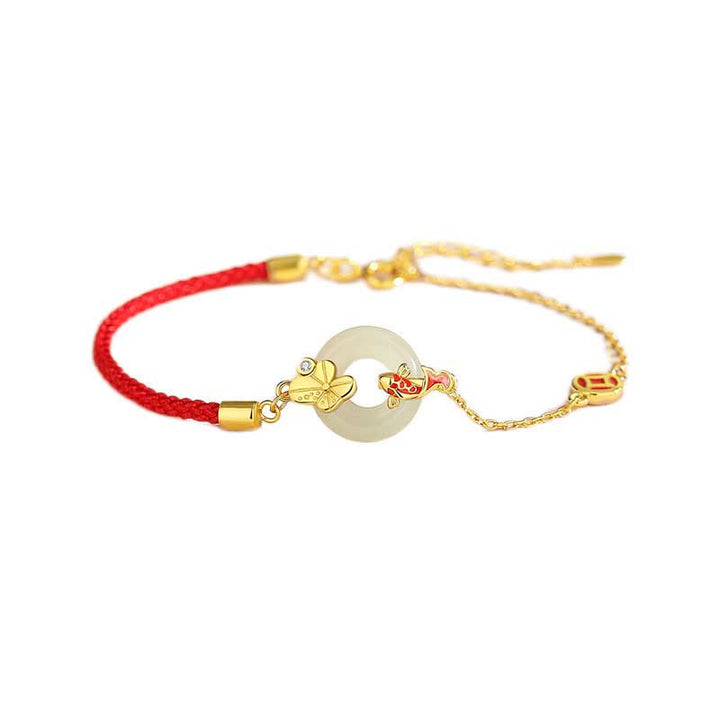Bracelet en corde Buddha Stones fait main en argent sterling 925 avec boucle de paix en jade Hetian chinois et poisson rouge