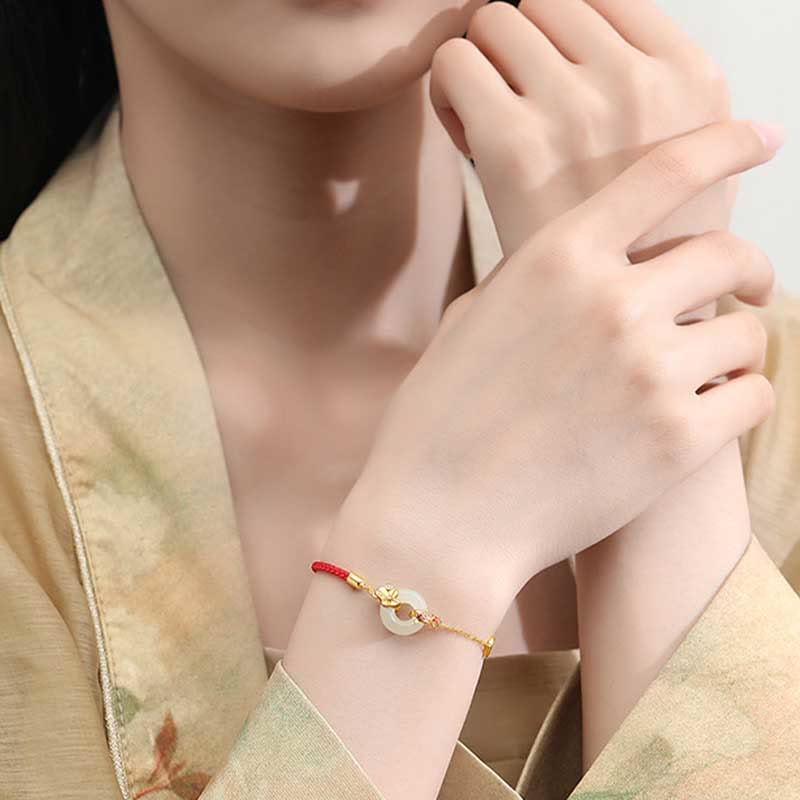 Bracelet en corde Buddha Stones fait main en argent sterling 925 avec boucle de paix en jade Hetian chinois et poisson rouge