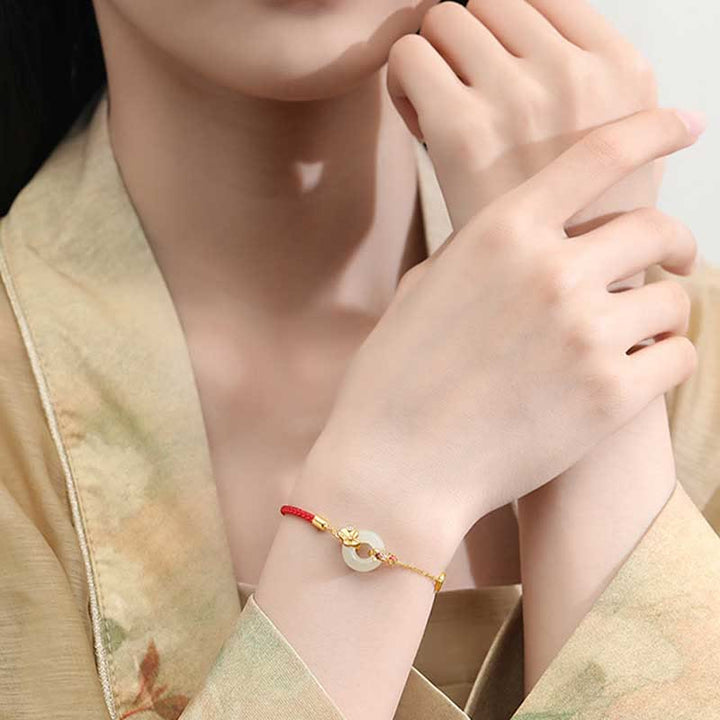 Bracelet en corde Buddha Stones fait main en argent sterling 925 avec boucle de paix en jade Hetian chinois et poisson rouge