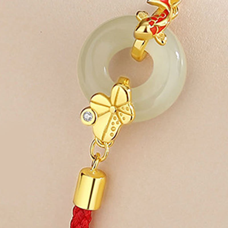 Bracelet en corde Buddha Stones fait main en argent sterling 925 avec boucle de paix en jade Hetian chinois et poisson rouge