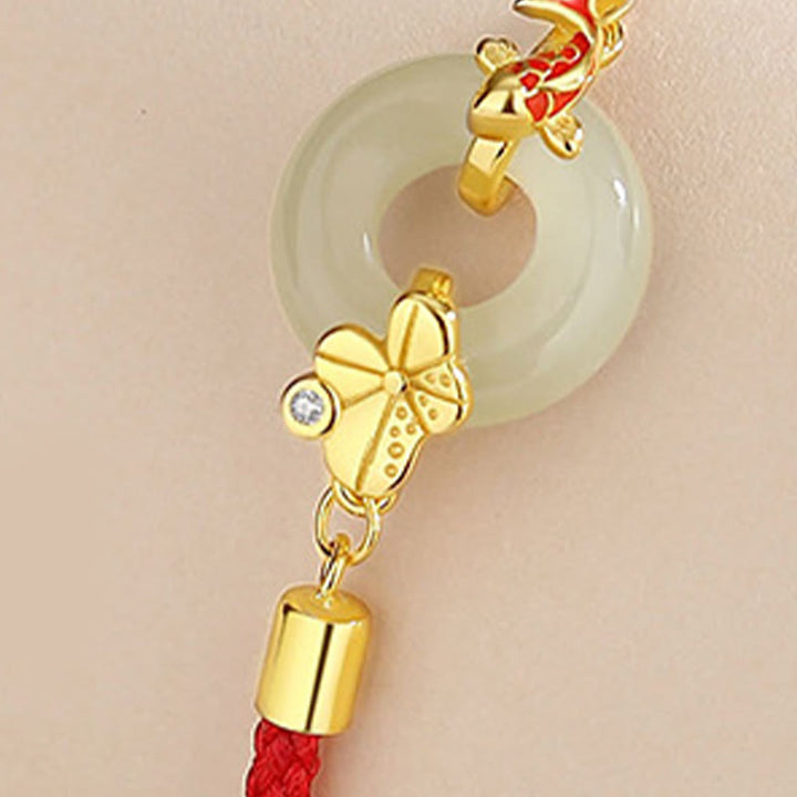 Bracelet en corde Buddha Stones fait main en argent sterling 925 avec boucle de paix en jade Hetian chinois et poisson rouge