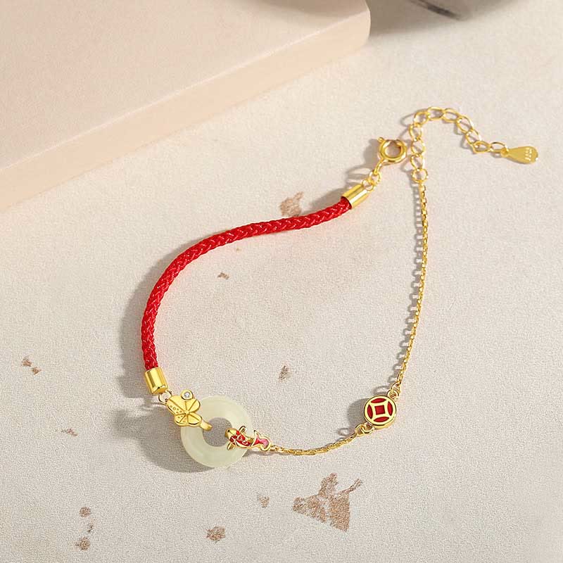 Bracelet en corde Buddha Stones fait main en argent sterling 925 avec boucle de paix en jade Hetian chinois et poisson rouge