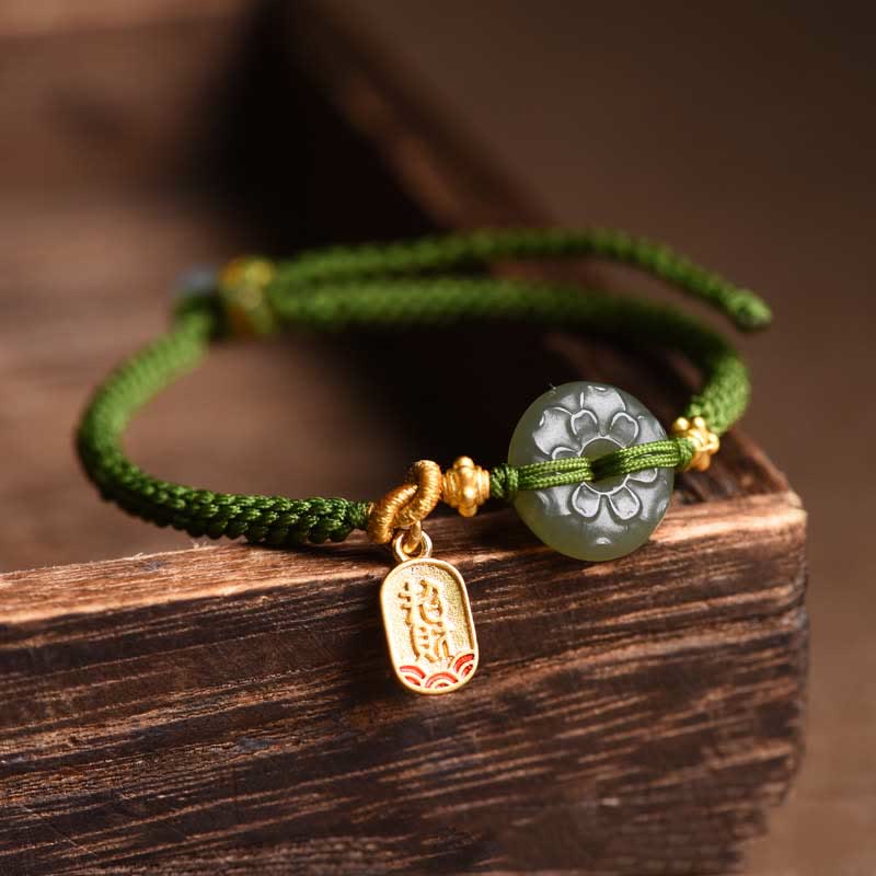 Bracelet en corde verte avec boucle de paix en jade vert et Buddha Stones