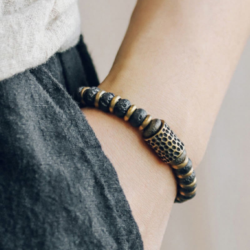 Bracelet en cuivre calme avec perles de pierre de lave vintage Buddha Stones