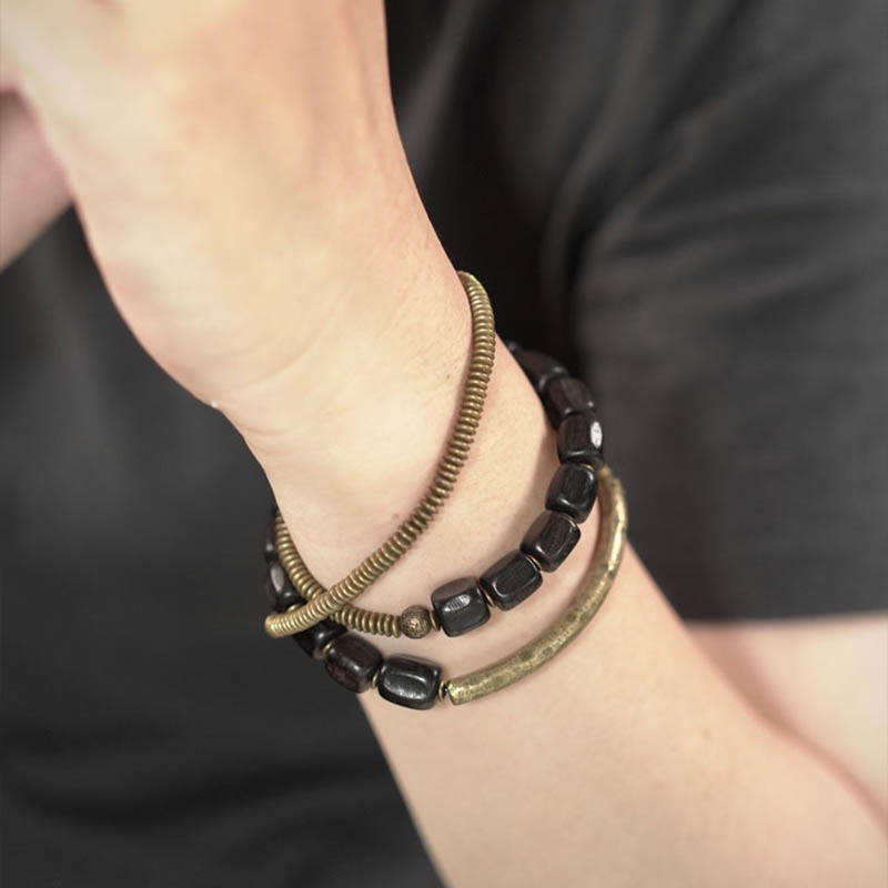 Bracelet de guérison multicouche en cuivre avec perles en bois d'ébène tibétain vintage Buddha Stones Peace